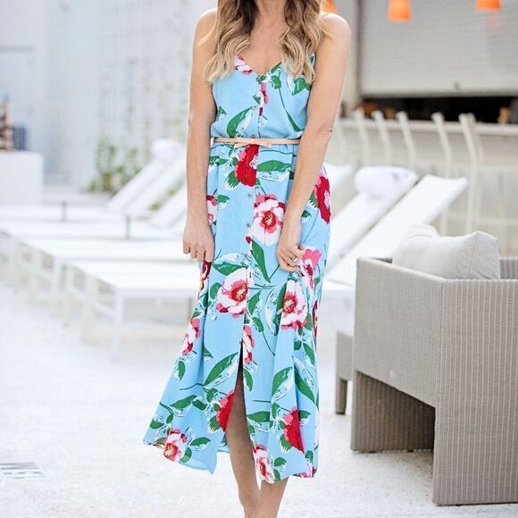 New Gibson The Motherchic Al Fresco Blue Floral Summer Midi Dress Size SP - Picture 1 of 11